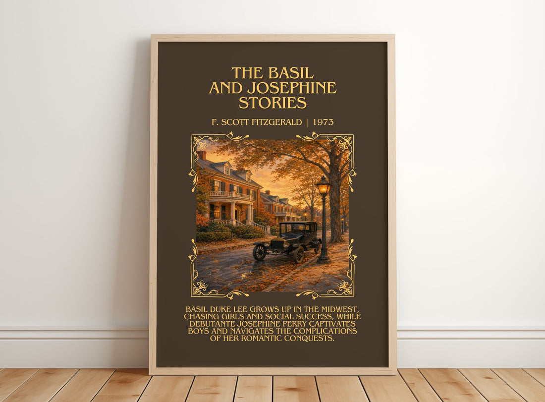 Basil And Josephine Stories Minimalist Book Poster by F. Fitzgerald – framed print leaning on a wooden floor