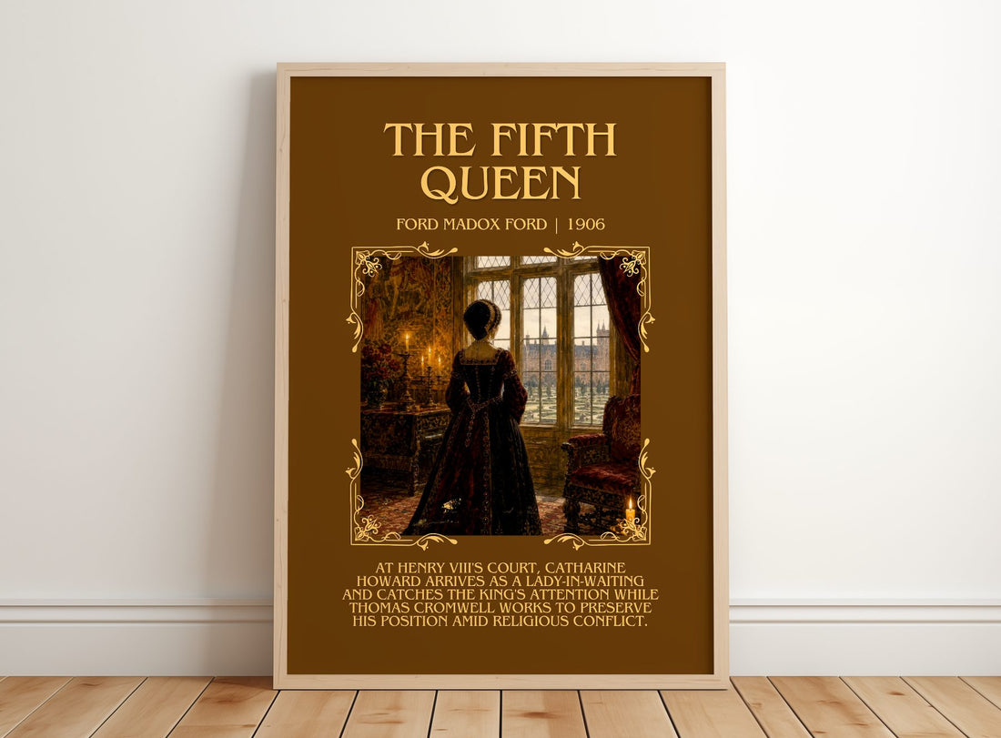 The Fifth Queen Minimalist Book Poster by Ford Madox Ford – framed print leaning on a wooden floor