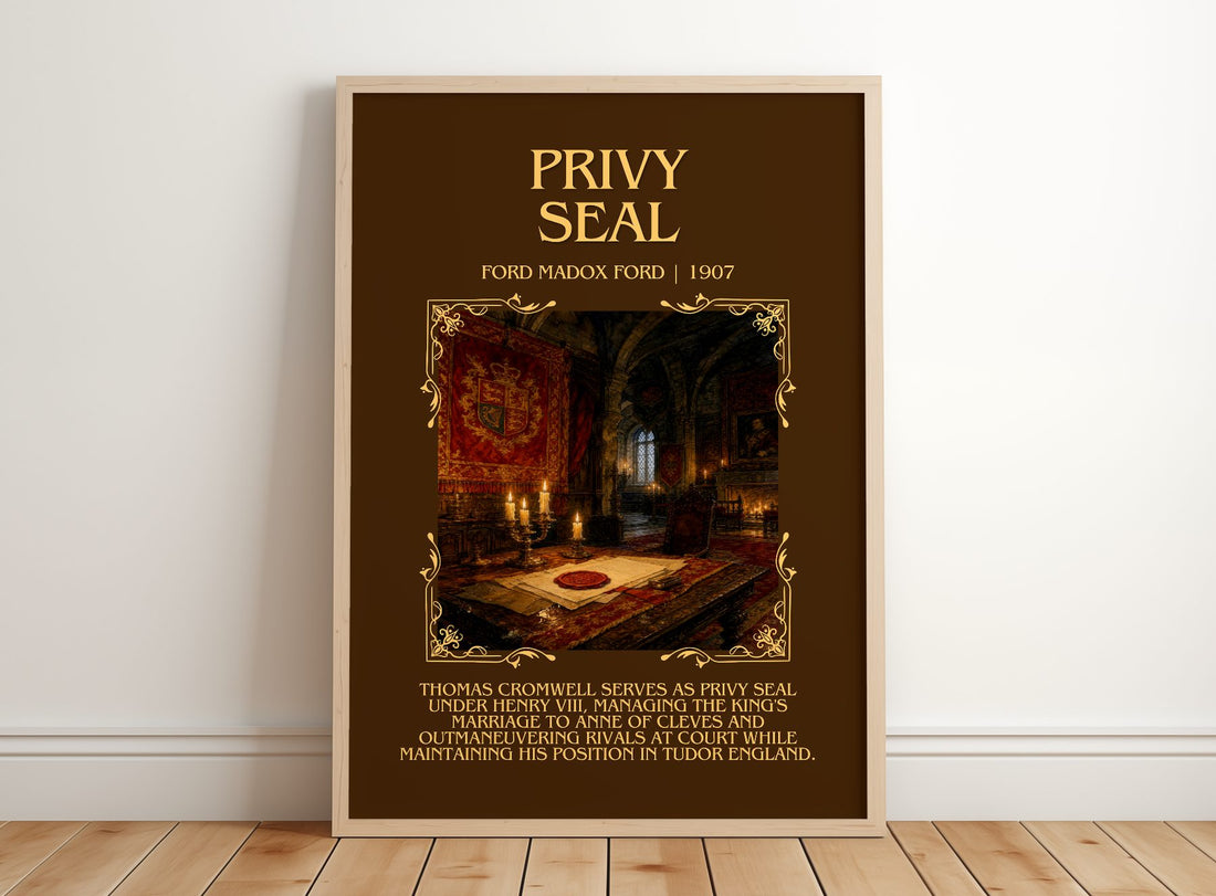 Privy Seal Minimalist Book Poster by Ford Madox Ford – framed print leaning on a wooden floor