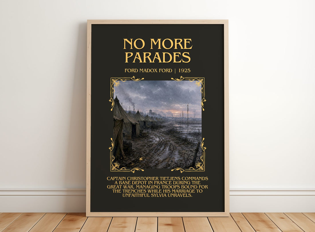 No More Parades Minimalist Book Poster by Ford Madox Ford – framed print leaning on a wooden floor