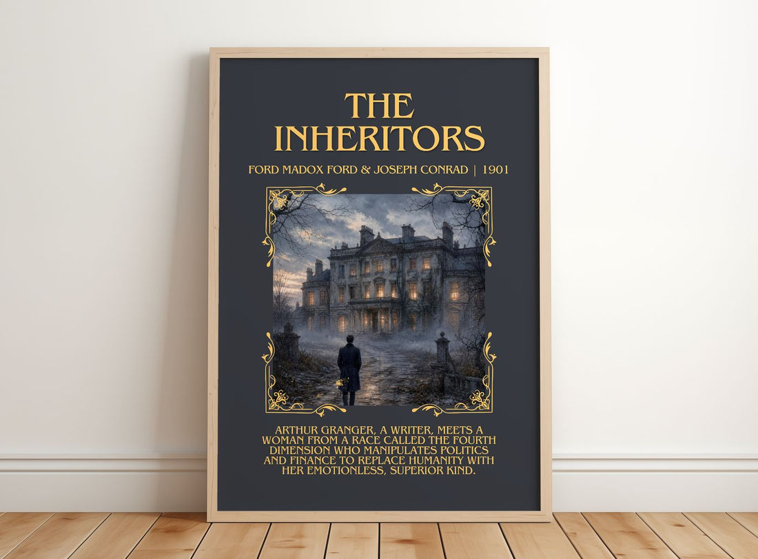 Inheritors Minimalist Book Poster by Ford Madox Ford & Joseph Conrad – framed print leaning on a wooden floor