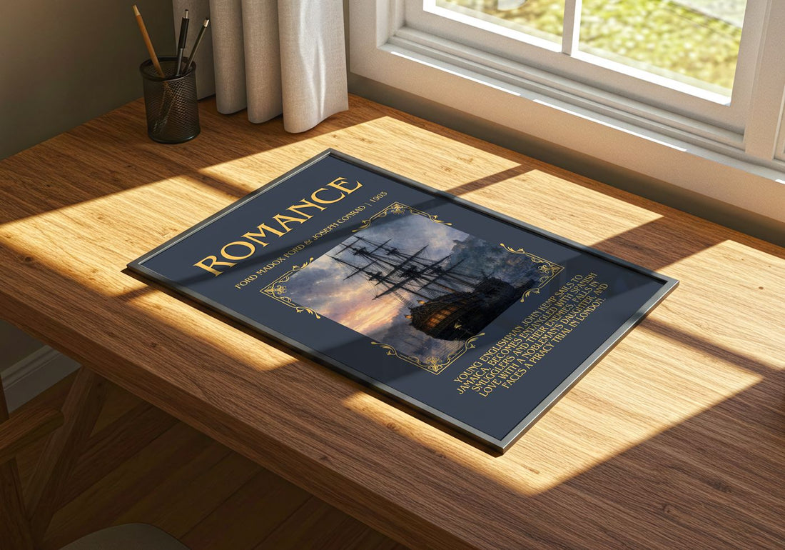 Romance Minimalist Book Poster by Ford Madox Ford & Joseph Conrad – print on a sunlit desk