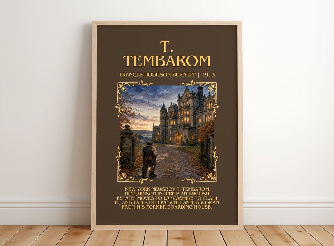 T. Tembarom Minimalist Book Poster by Frances Hodgson Burnett – framed print leaning on a wooden floor