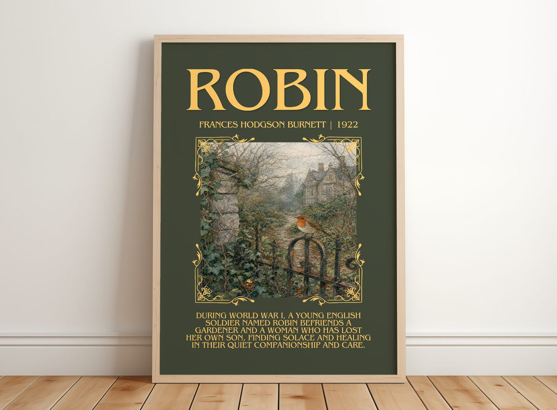 Robin Minimalist Book Poster by Frances Hodgson Burnett – framed print leaning on a wooden floor