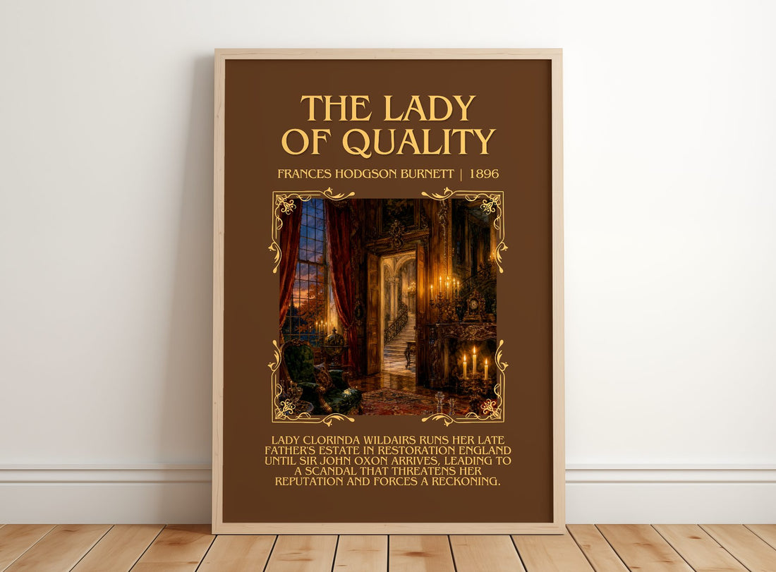 The Lady Of Quality Minimalist Book Poster by Frances Hodgson Burnett – framed print leaning on a wooden floor