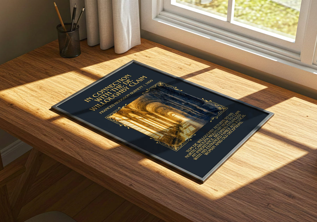 In Connection With The De Willoughby Claim Minimalist Book Poster – – print on a sunlit desk