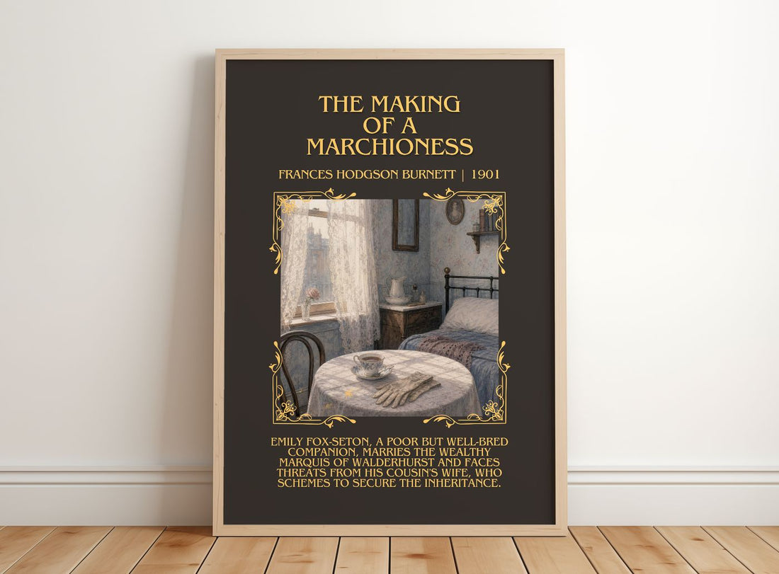 Making Of A Marchioness Minimalist Book Poster by F. Burnett – framed print leaning on a wooden floor