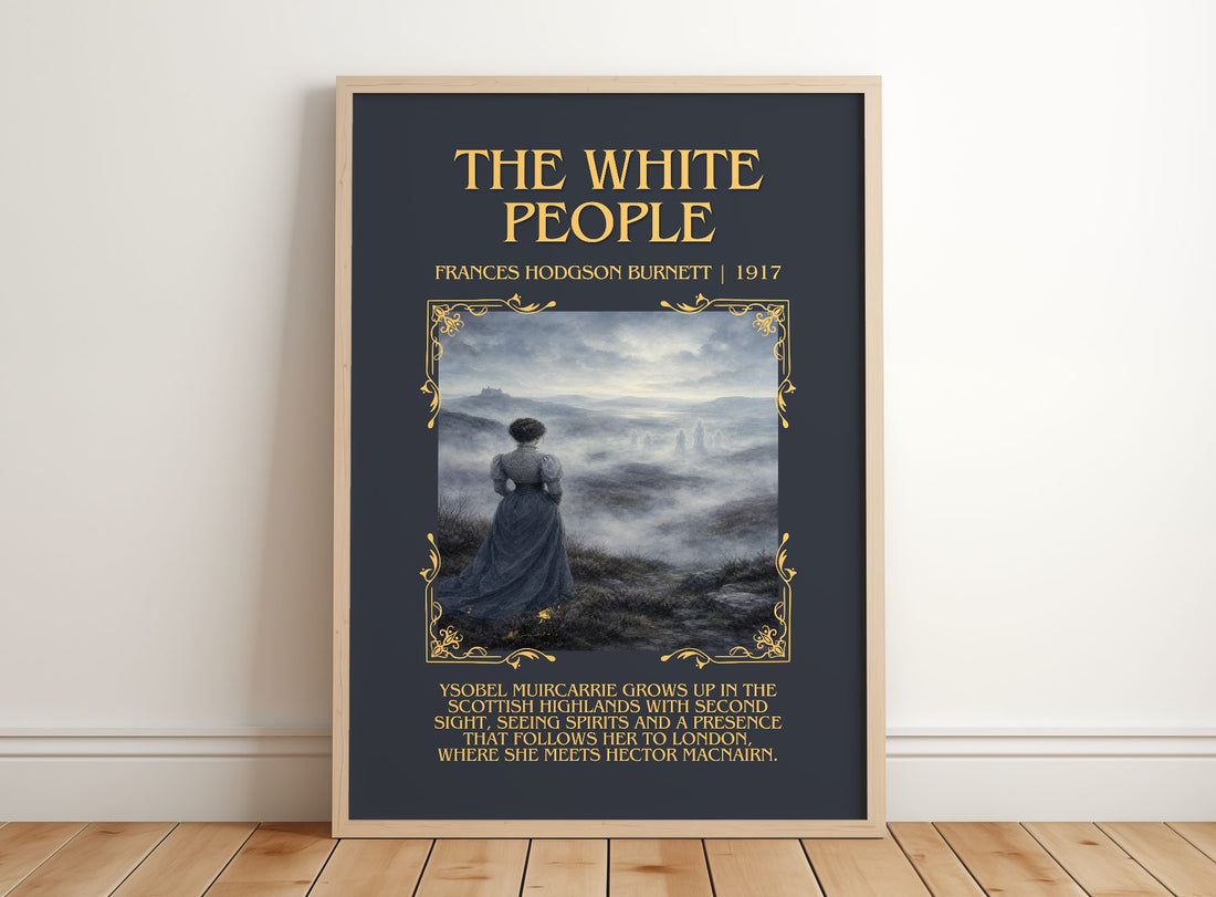 The White People Minimalist Book Poster by Frances Hodgson Burnett – framed print leaning on a wooden floor