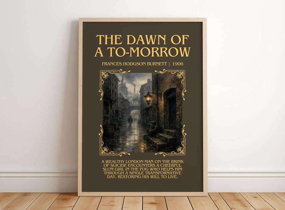 Dawn Of A To-Morrow Minimalist Book Poster by Frances Hodgson Burnett – framed print leaning on a wooden floor