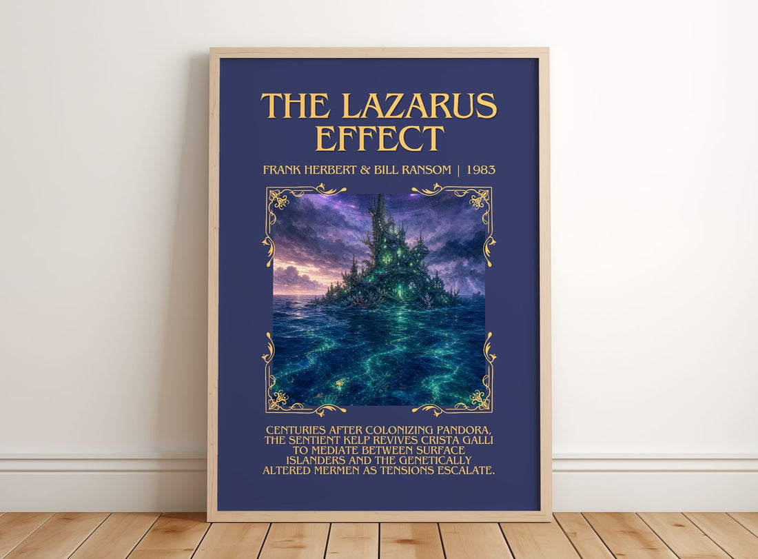 Lazarus Effect Minimalist Book Poster by Frank Herbert & Bill Ransom – framed print leaning on a wooden floor