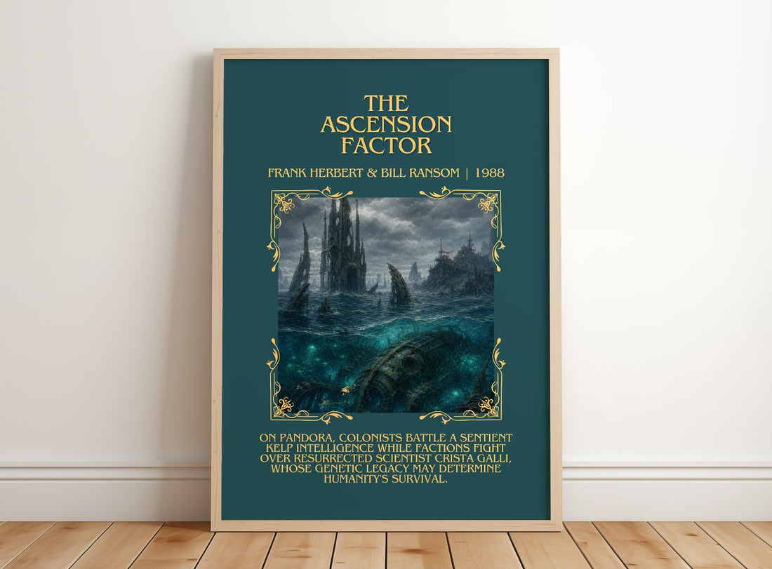 Ascension Factor Minimalist Book Poster by Frank Herbert & Bill Ransom – framed print leaning on a wooden floor