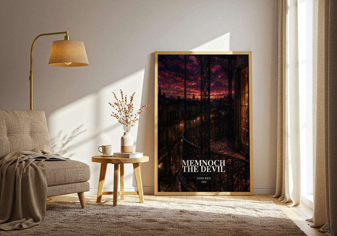 Memnoch The Devil watercolour print in frame leaning in hallway – horror wall art (mockup)