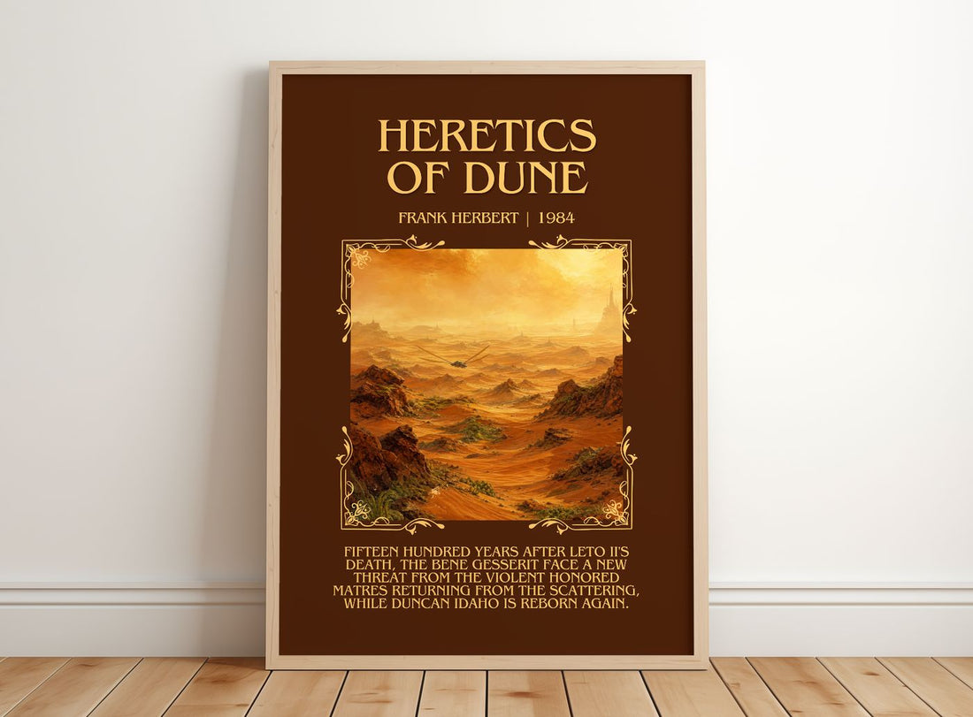 Heretics Of Dune Minimalist Book Poster by Frank Herbert – framed print leaning on a wooden floor