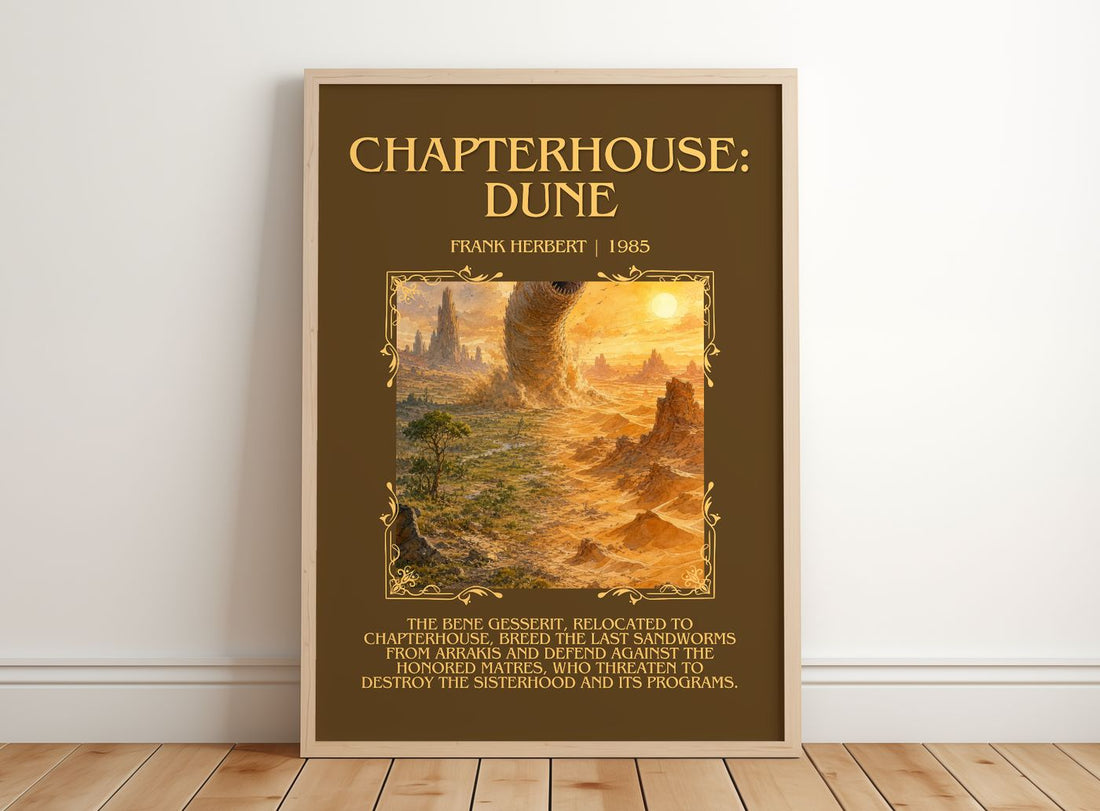 Chapterhouse: Dune Minimalist Book Poster by Frank Herbert – framed print leaning on a wooden floor