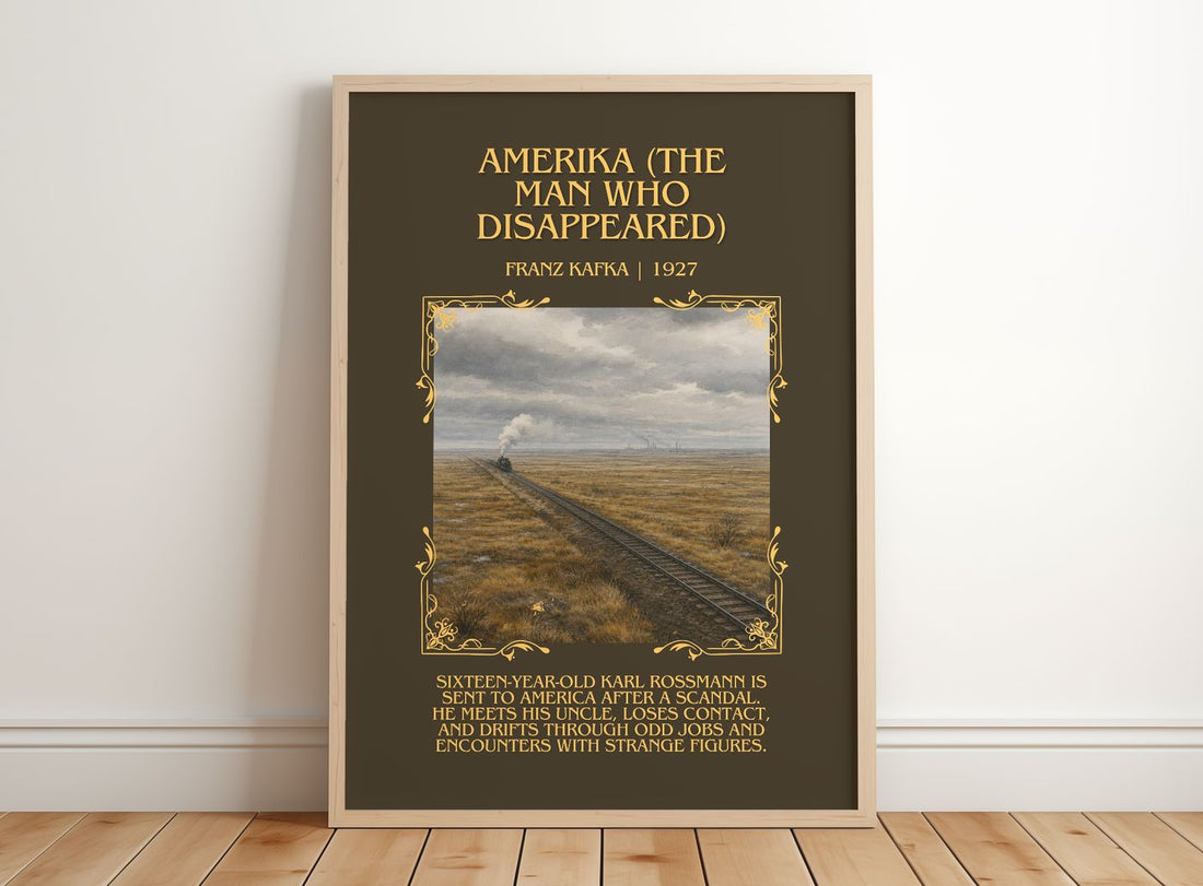 Amerika (The Man Who Disappeared) Minimalist Book Poster by F. Kafka – framed print leaning on a wooden floor