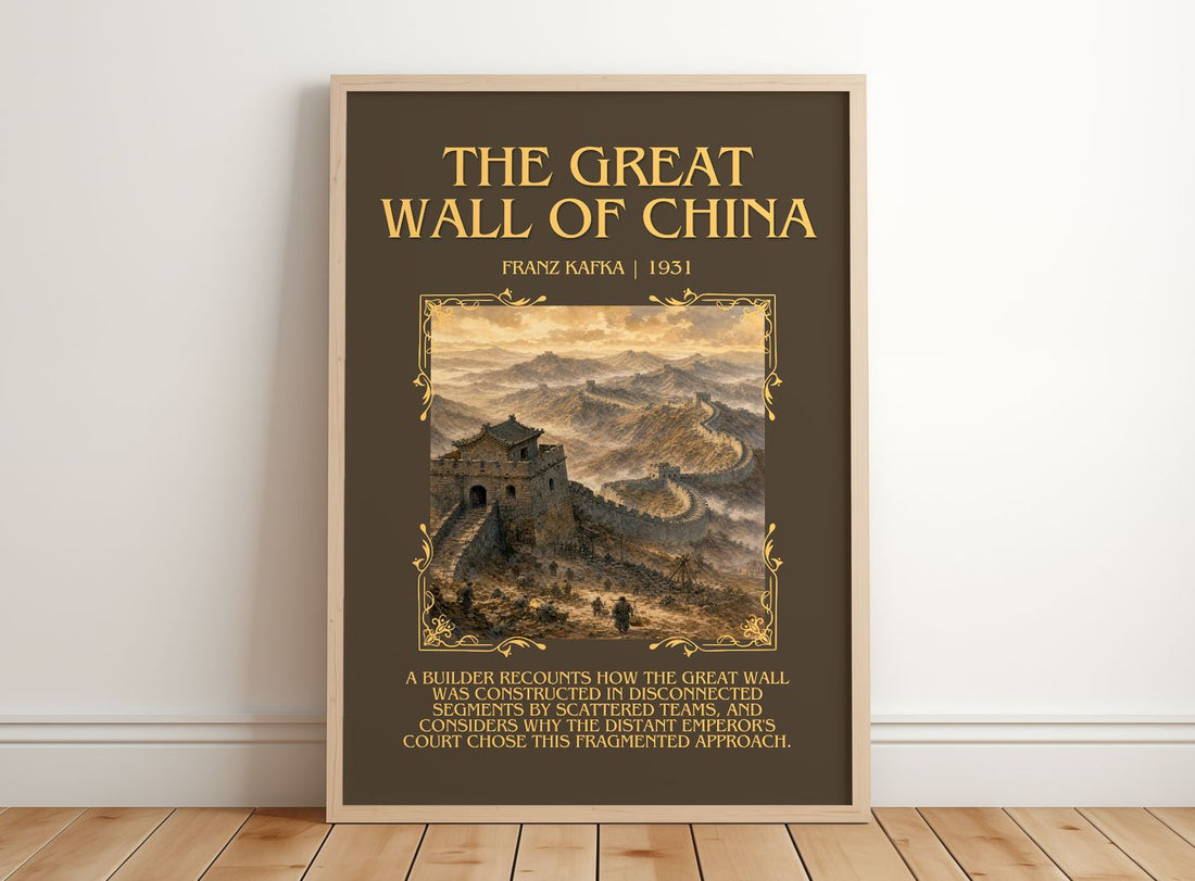 The Great Wall Of China Minimalist Book Poster by Franz Kafka – framed print leaning on a wooden floor