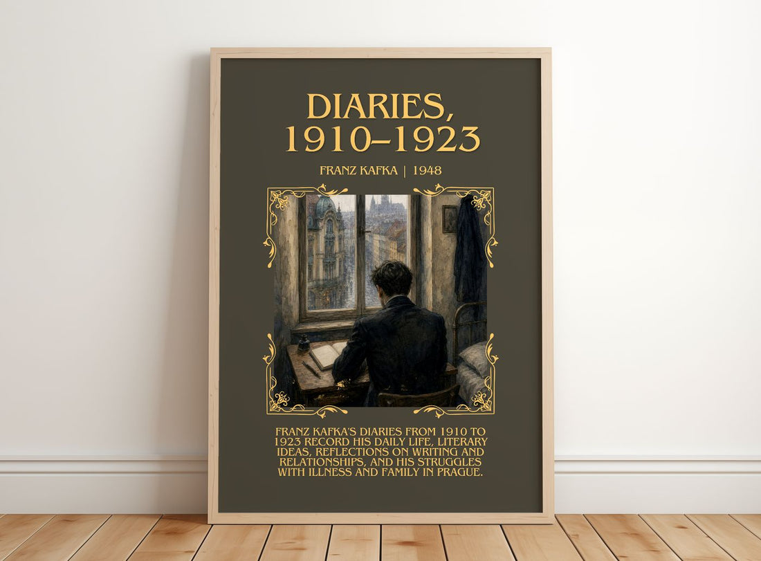 Diaries, 1910–1923 Minimalist Book Poster by Franz Kafka – framed print leaning on a wooden floor