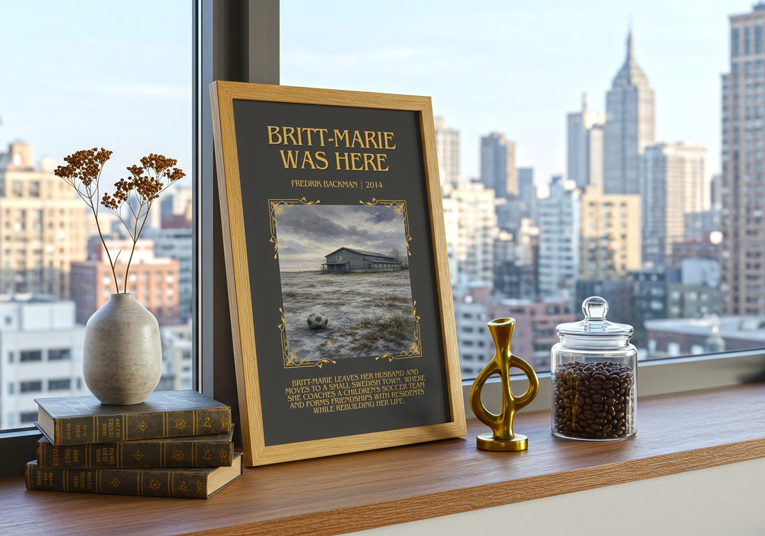 Britt-Marie Was Here Minimalist Book Poster by Fredrik Backman – framed print on a city-view windowsill