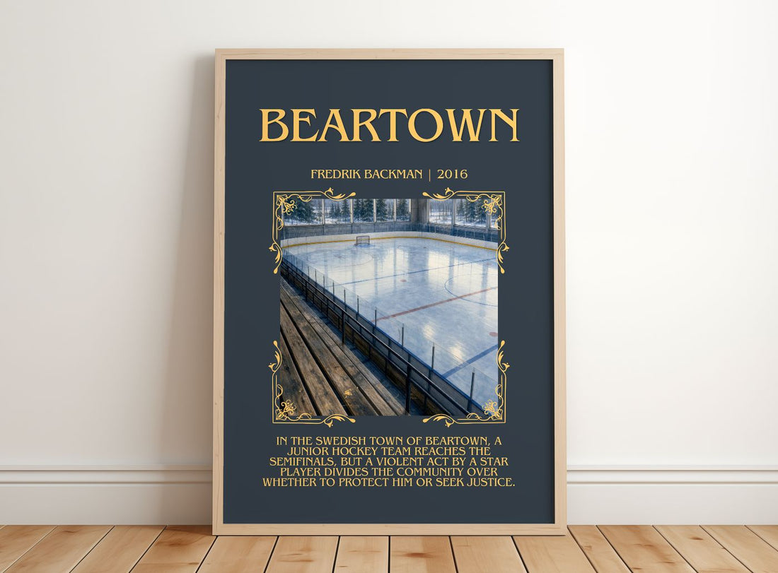 Beartown Minimalist Book Poster by Fredrik Backman – framed print leaning on a wooden floor
