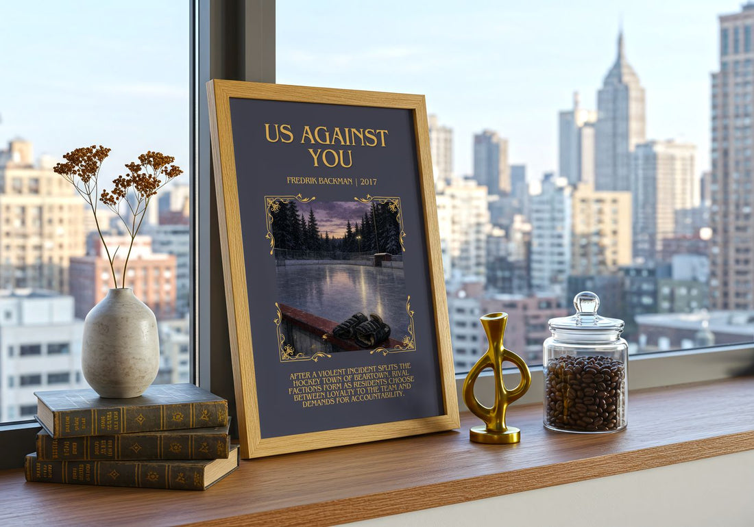 Us Against You Minimalist Book Poster by Fredrik Backman – framed print on a city-view windowsill