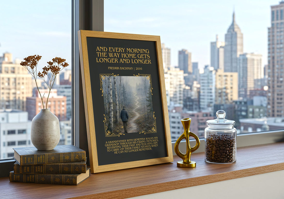 And Every Morning The Way Home Gets Longer And Longer Minimalist Book – framed print on a city-view windowsill