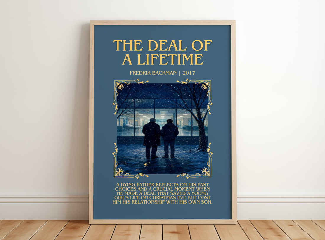 The Deal Of A Lifetime Minimalist Book Poster by Fredrik Backman – framed print leaning on a wooden floor