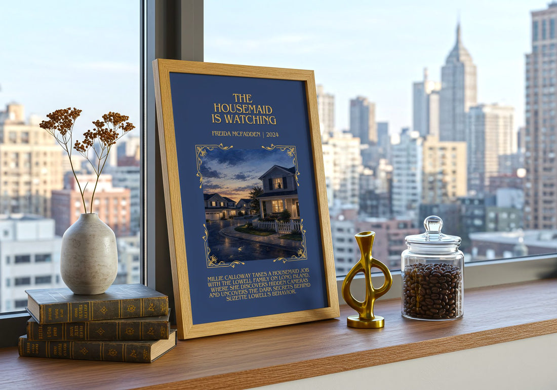 The Housemaid Is Watching Minimalist Book Poster by Freida Mcfadden – framed print on a city-view windowsill