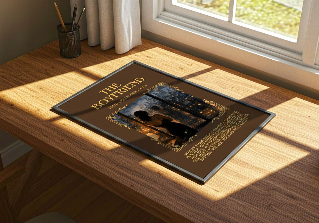 The Boyfriend Minimalist Book Poster by Freida Mcfadden – print on a sunlit desk