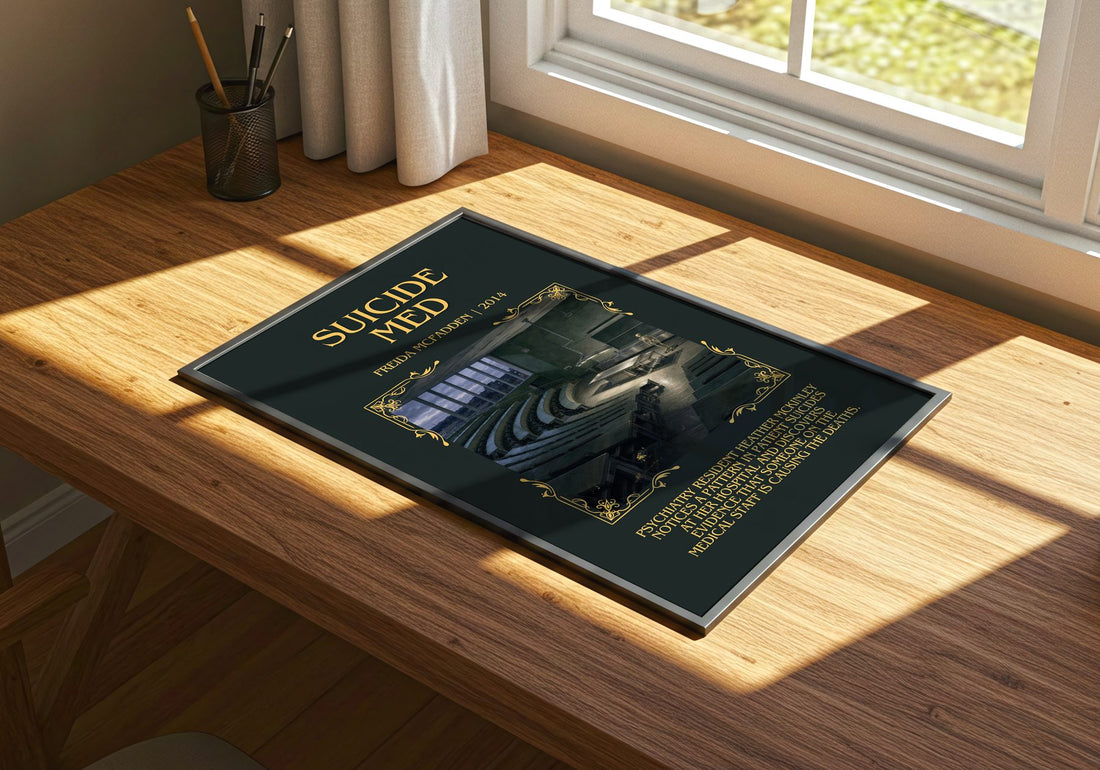 Suicide Med Minimalist Book Poster by Freida Mcfadden – print on a sunlit desk