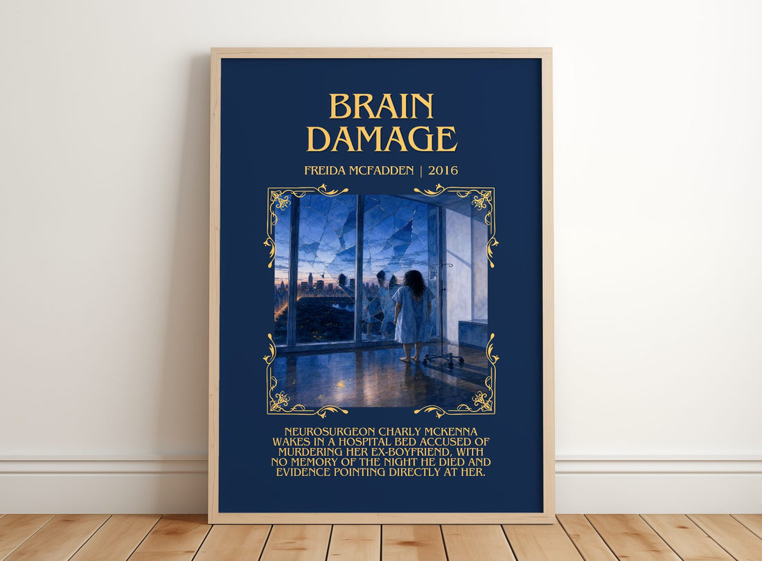 Brain Damage Minimalist Book Poster by Freida Mcfadden – framed print leaning on a wooden floor