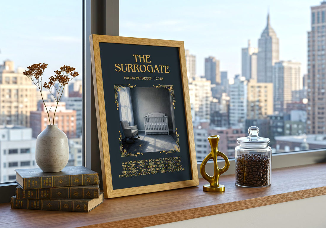 The Surrogate Minimalist Book Poster by Freida Mcfadden – framed print on a city-view windowsill