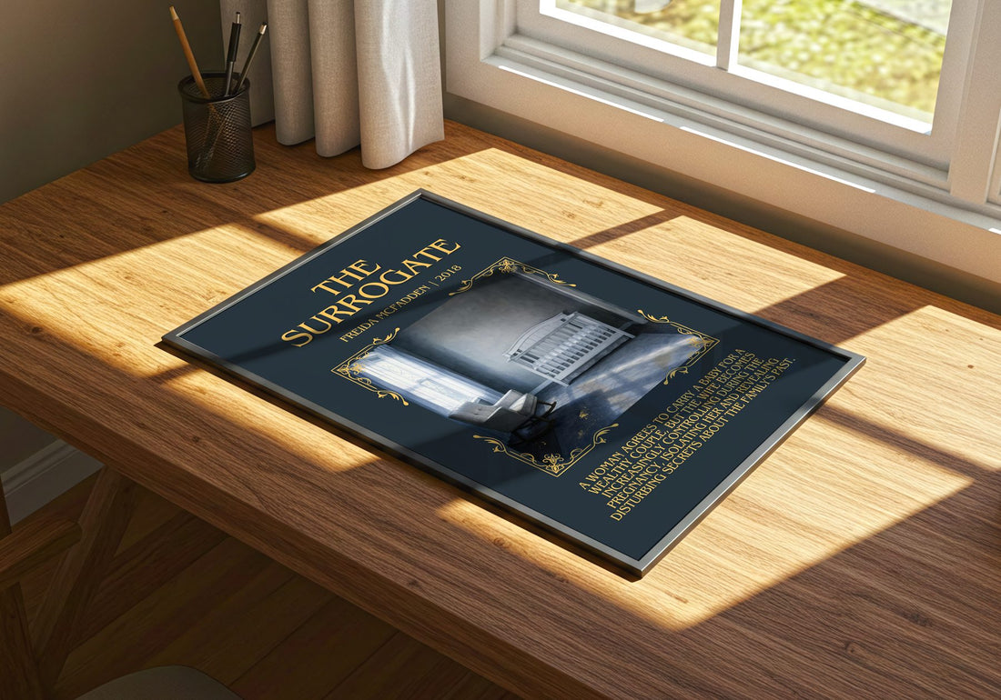 The Surrogate Minimalist Book Poster by Freida Mcfadden – print on a sunlit desk