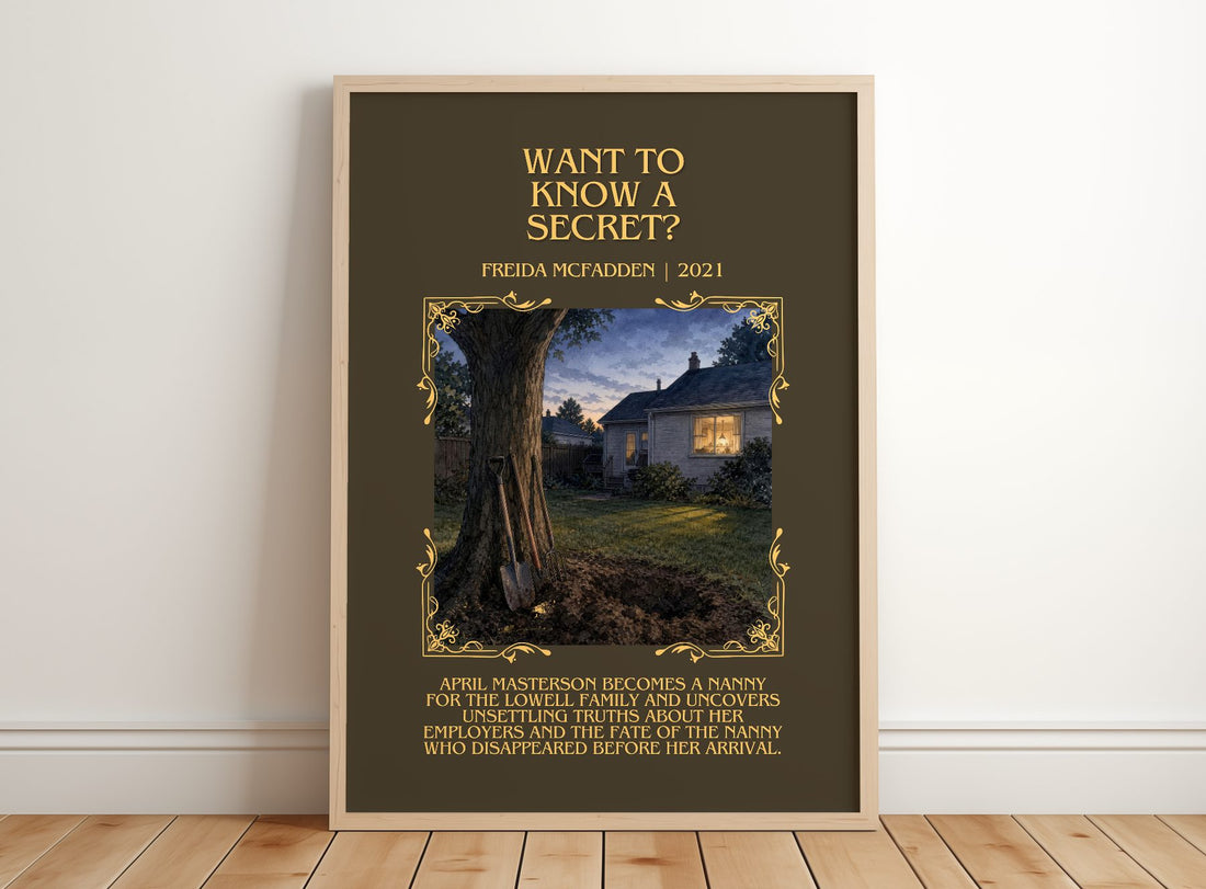 Want To Know A Secret? Minimalist Book Poster by Freida Mcfadden – framed print leaning on a wooden floor