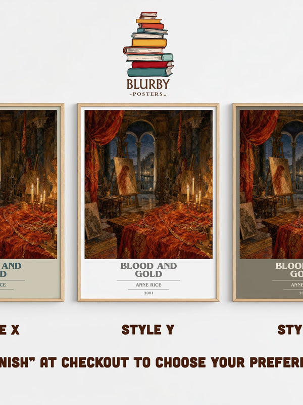Blood And Gold book cover print in frame leaning in hallway – horror wall art