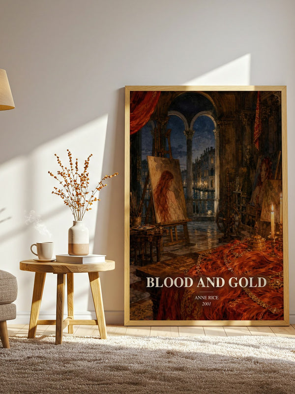 Blood And Gold watercolour print in frame leaning in hallway – horror wall art