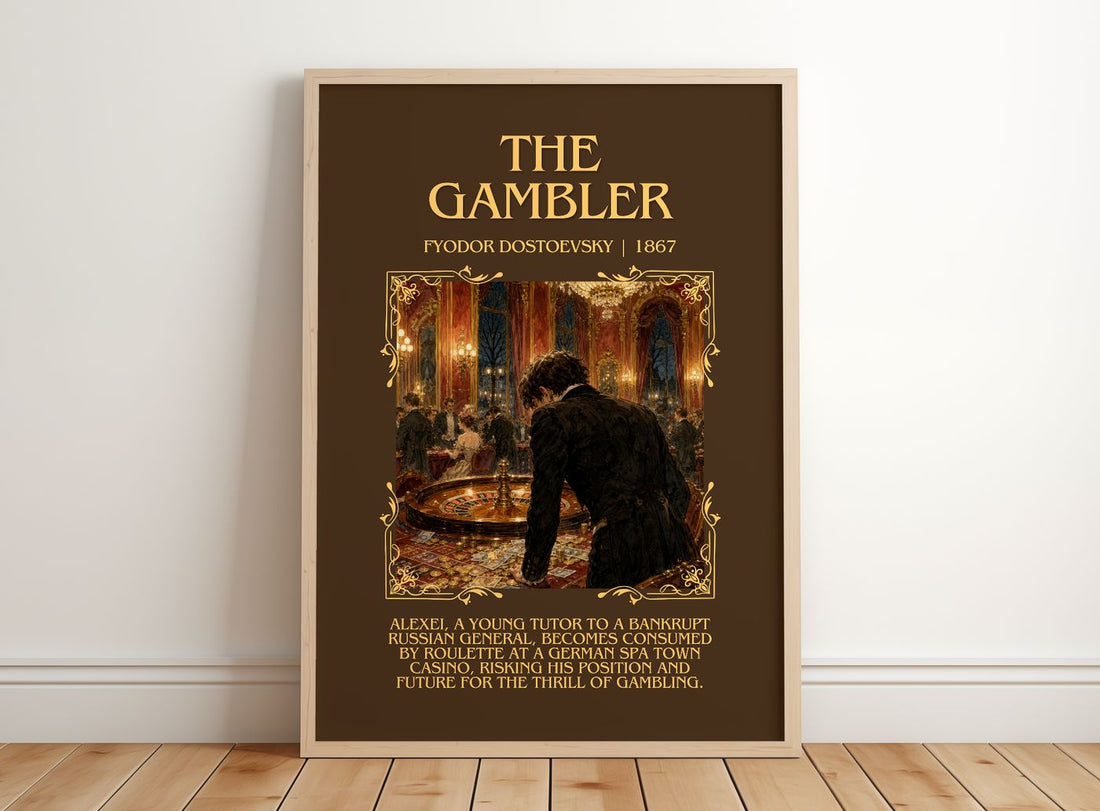 The Gambler Minimalist Book Poster by Fyodor Dostoevsky – framed print leaning on a wooden floor