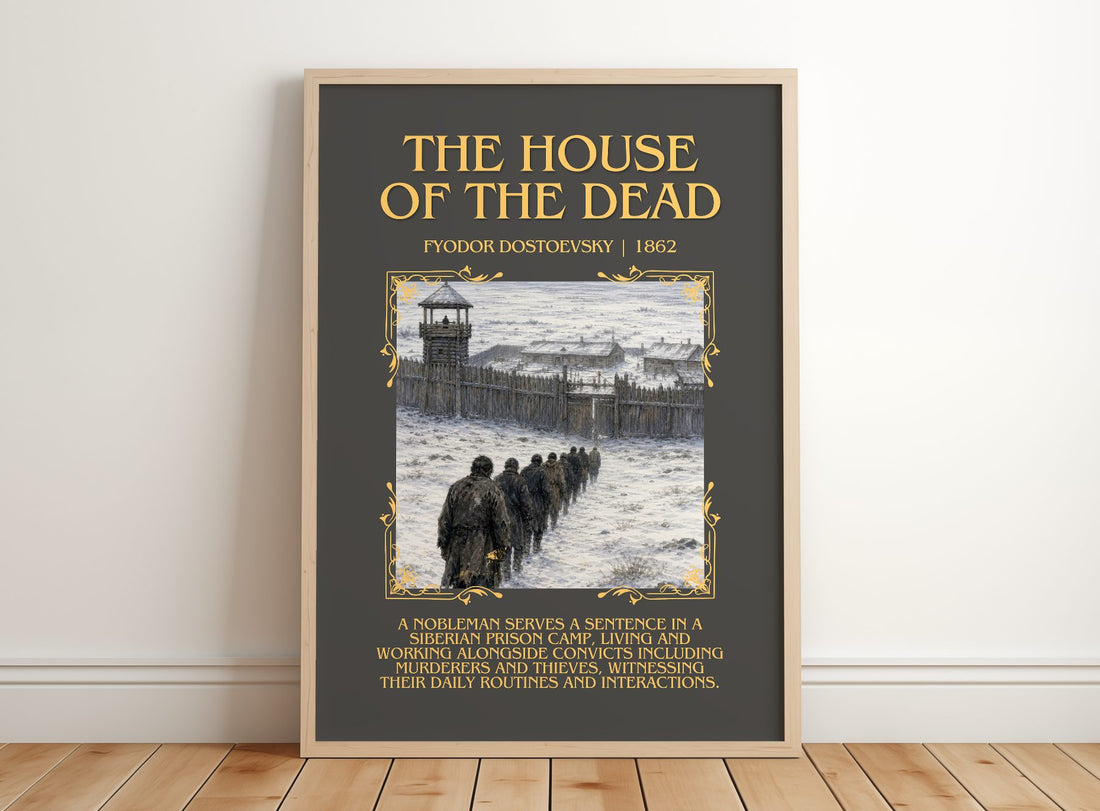 The House Of The Dead Minimalist Book Poster by Fyodor Dostoevsky – framed print leaning on a wooden floor