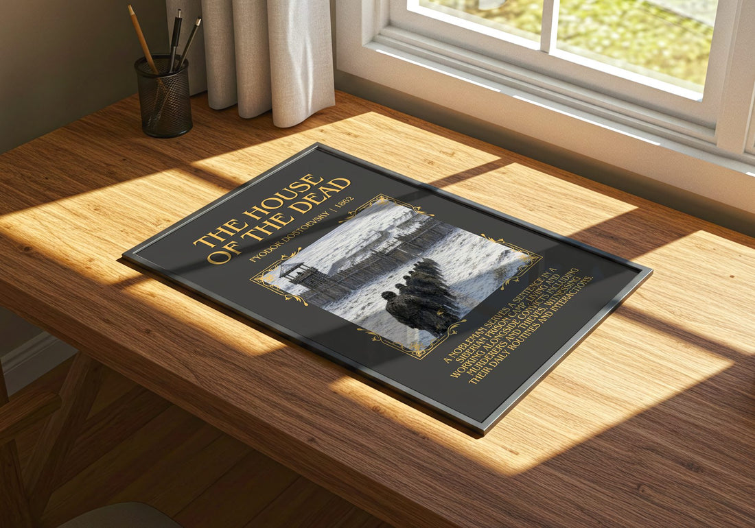 The House Of The Dead Minimalist Book Poster by Fyodor Dostoevsky – print on a sunlit desk