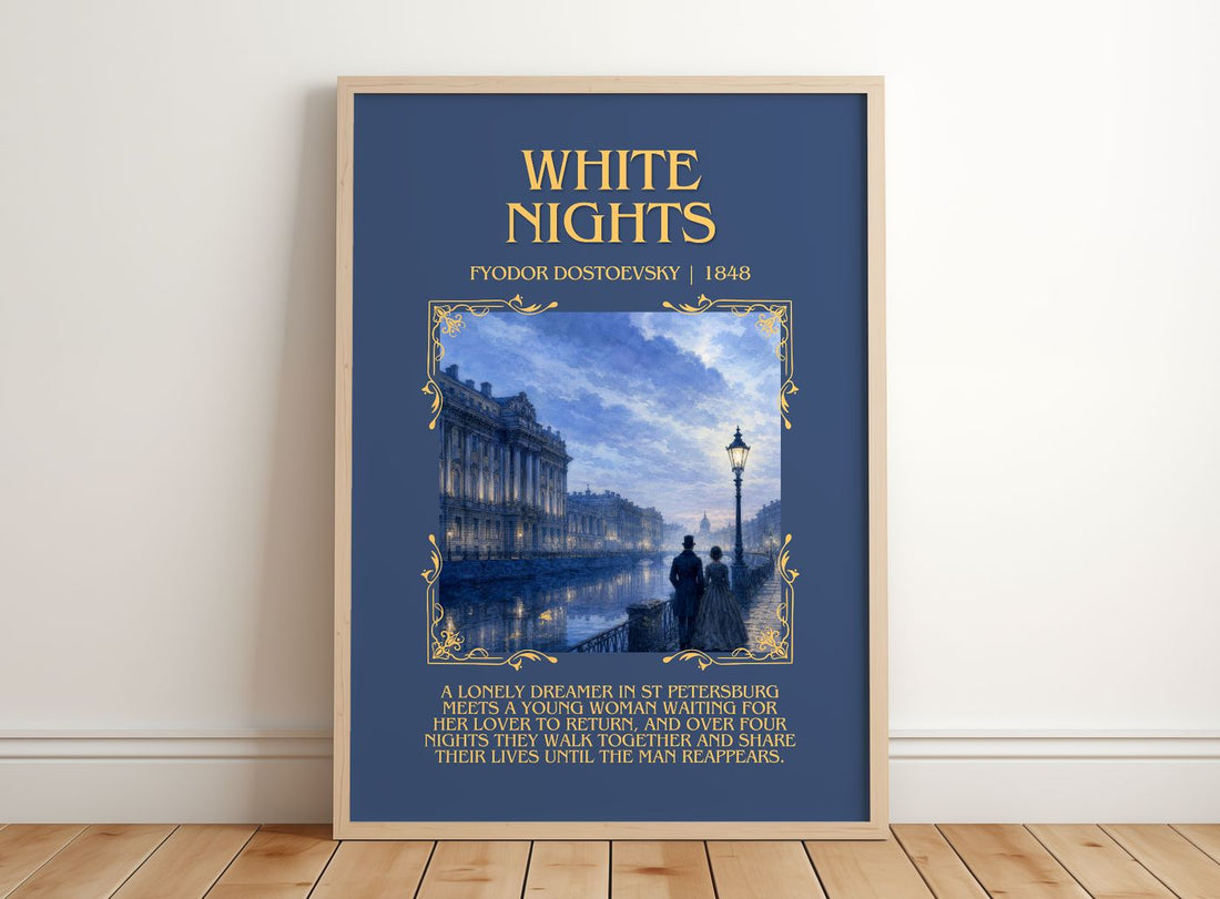 White Nights Minimalist Book Poster by Fyodor Dostoevsky – framed print leaning on a wooden floor