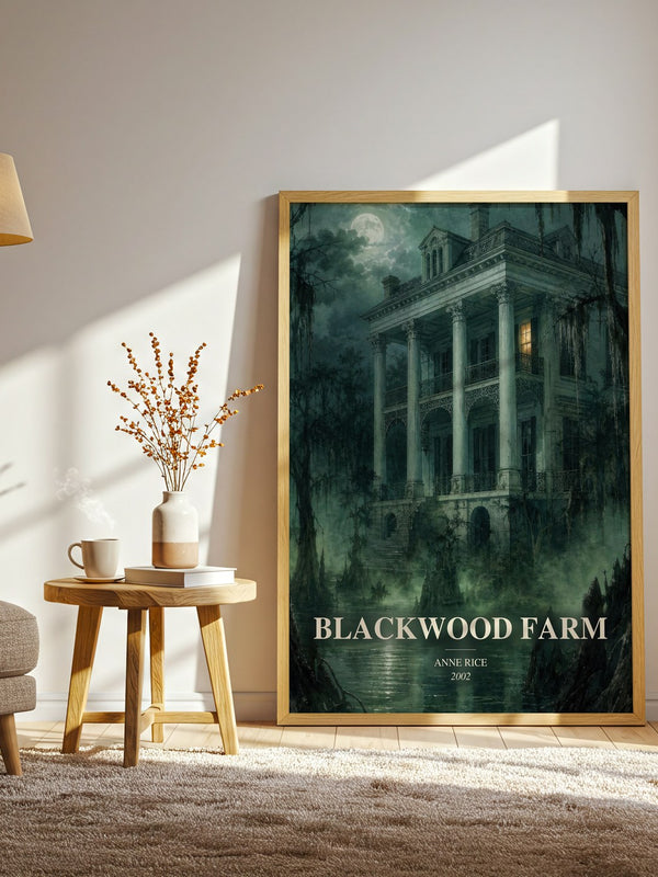Blackwood Farm watercolour print in frame leaning in hallway – horror wall art