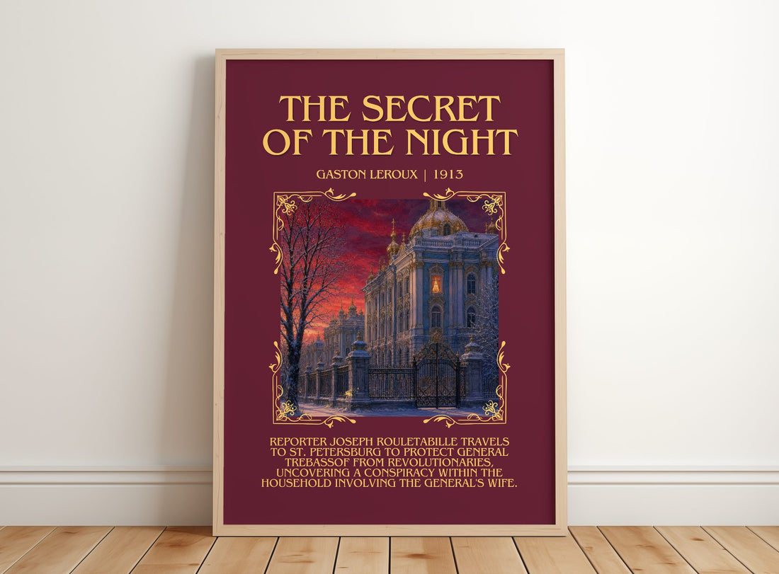 The Secret Of The Night Minimalist Book Poster by Gaston Leroux – framed print leaning on a wooden floor