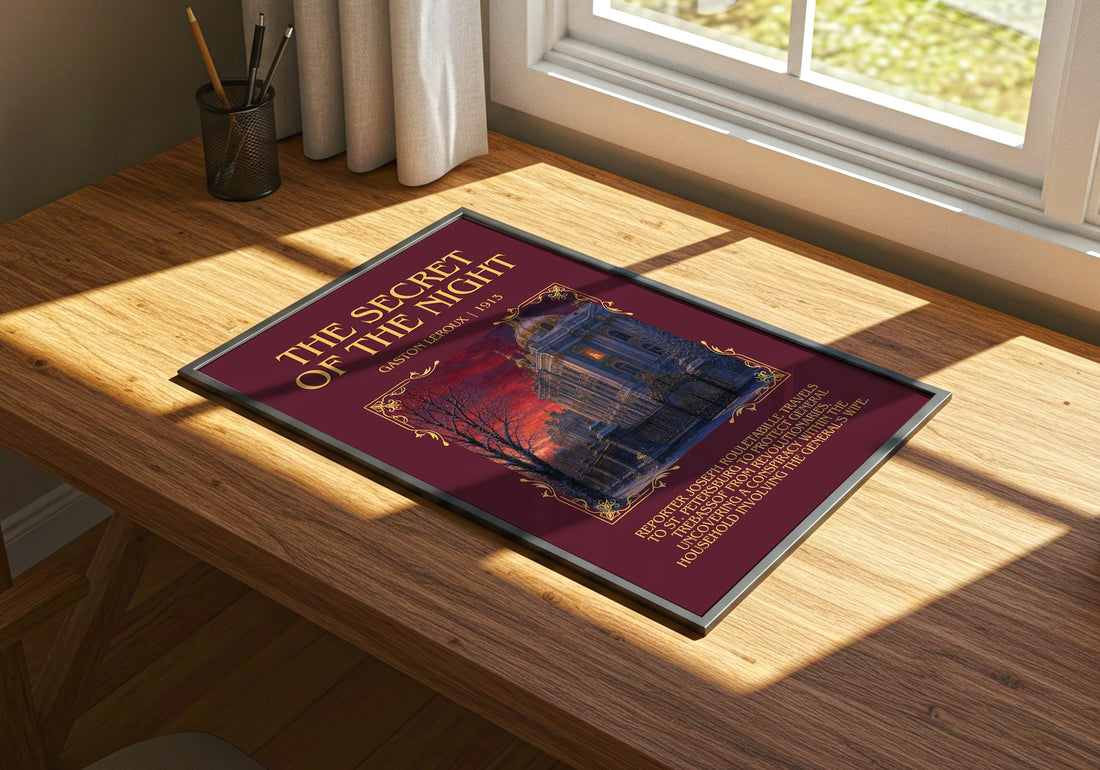 The Secret Of The Night Minimalist Book Poster by Gaston Leroux – print on a sunlit desk