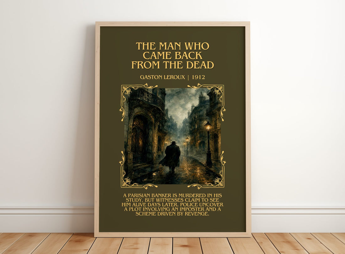Man Who Came Back From The Dead Minimalist Book Poster by G. Leroux – framed print leaning on a wooden floor