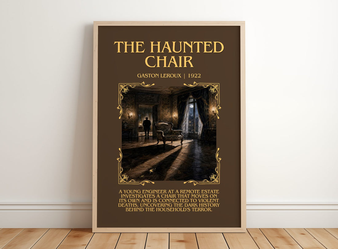 The Haunted Chair Minimalist Book Poster by Gaston Leroux – framed print leaning on a wooden floor