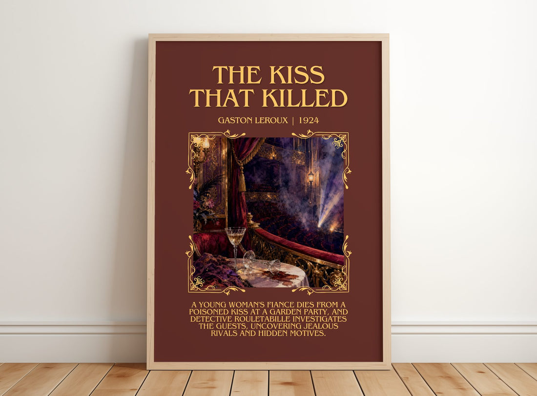 The Kiss That Killed Minimalist Book Poster by Gaston Leroux – framed print leaning on a wooden floor