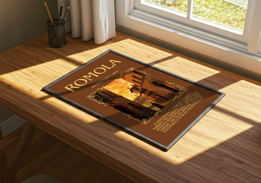 Romola Minimalist Book Poster by George Eliot – print on a sunlit desk