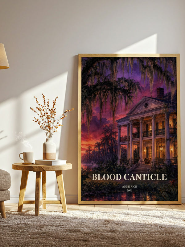 Blood Canticle watercolour print in frame leaning in hallway – horror wall art