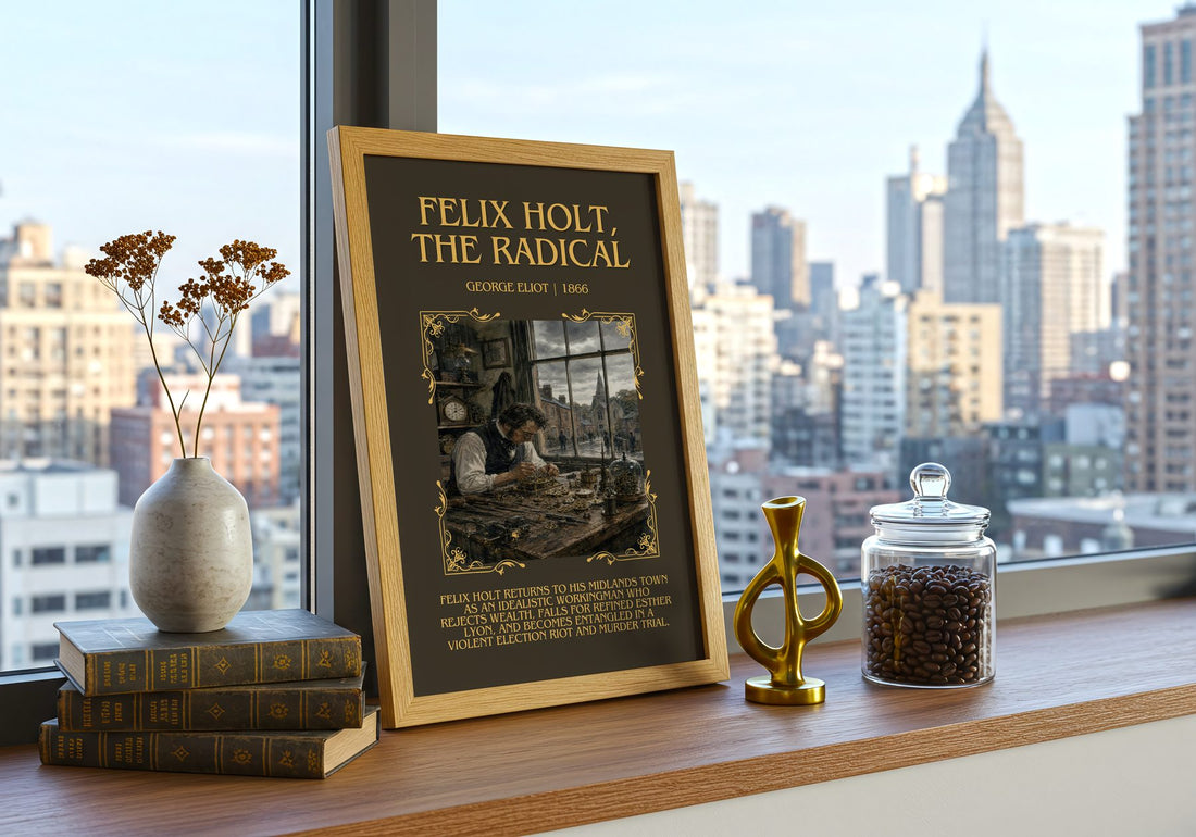 Felix Holt, The Radical Minimalist Book Poster by George Eliot – framed print on a city-view windowsill
