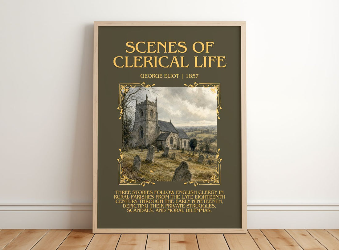 Scenes Of Clerical Life Minimalist Book Poster by George Eliot – framed print leaning on a wooden floor