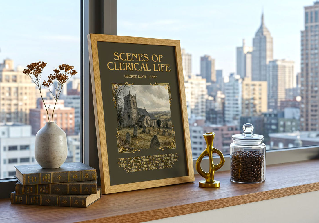 Scenes Of Clerical Life Minimalist Book Poster by George Eliot – framed print on a city-view windowsill